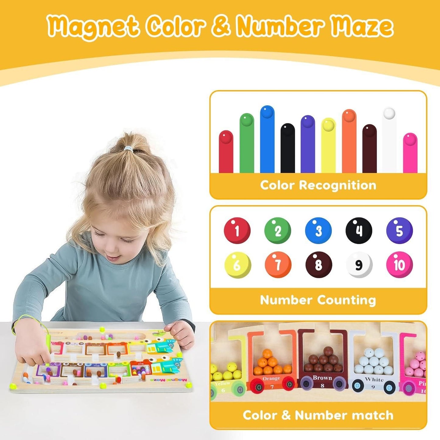 Magnetic Color & Number Maze Montessori Wooden Puzzle Game Board for Kids
