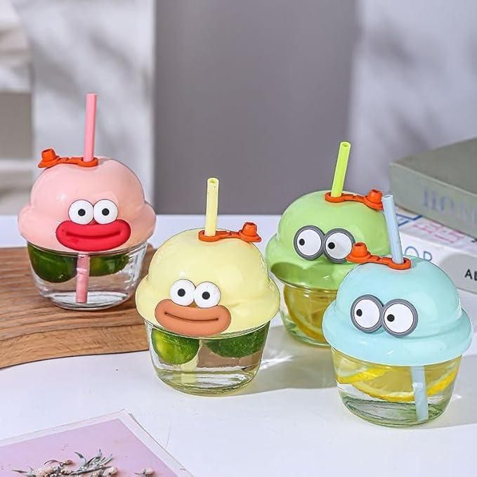 Cartoon Glass Cup Set – 210 ml Thick Glass with Safe PP Cap (Pack of 4)