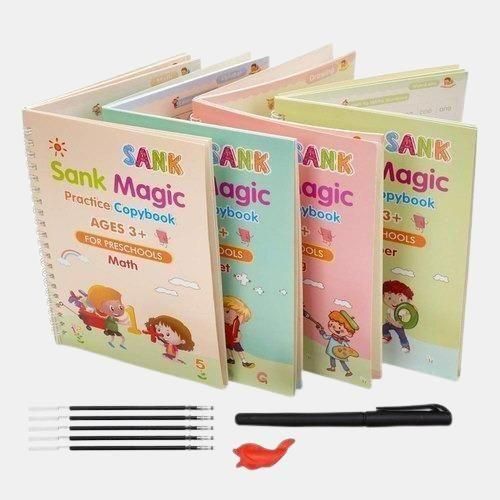 Sank Magic Practice Copybook Set for Kids 4 Reusable Books with Pen, Grip & 10 Refills