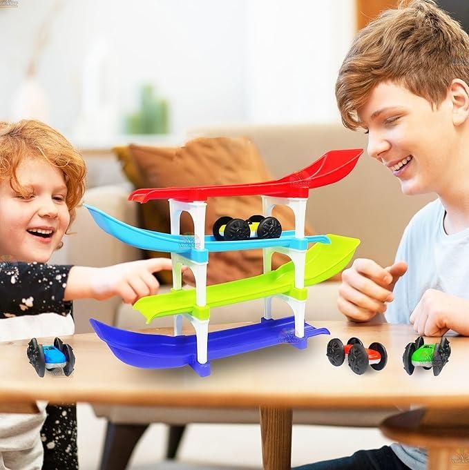 Multi Level Ramp Racing Car Toy Set with 4 Mini Cars for Kids