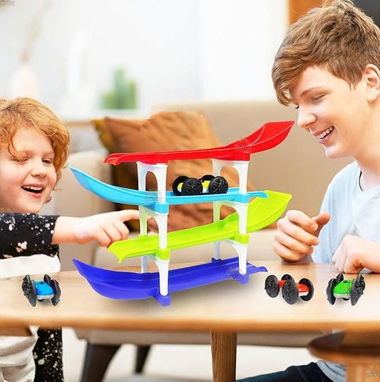 Multi Level Ramp Racing Car Toy Set with 4 Mini Cars for Kids