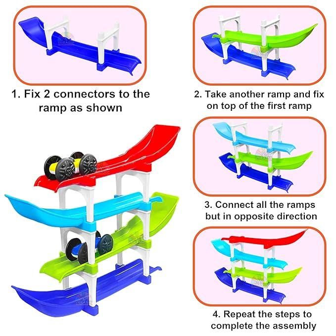 Multi Level Ramp Racing Car Toy Set with 4 Mini Cars for Kids
