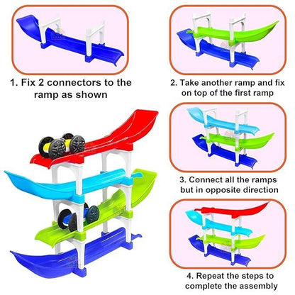 Multi Level Ramp Racing Car Toy Set with 4 Mini Cars for Kids