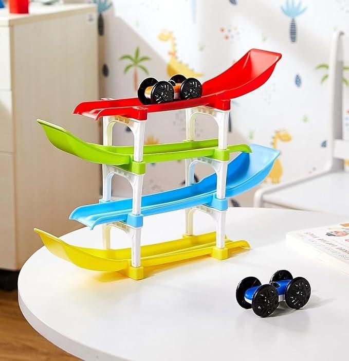 Multi Level Ramp Racing Car Toy Set with 4 Mini Cars for Kids